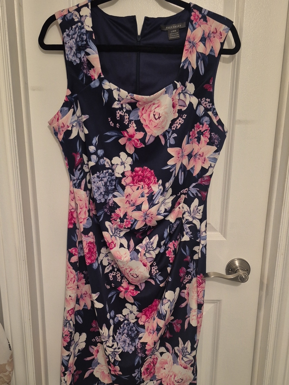 Suzy Shier Navy Floral Midi Dress with Pink & Cream Blooms
